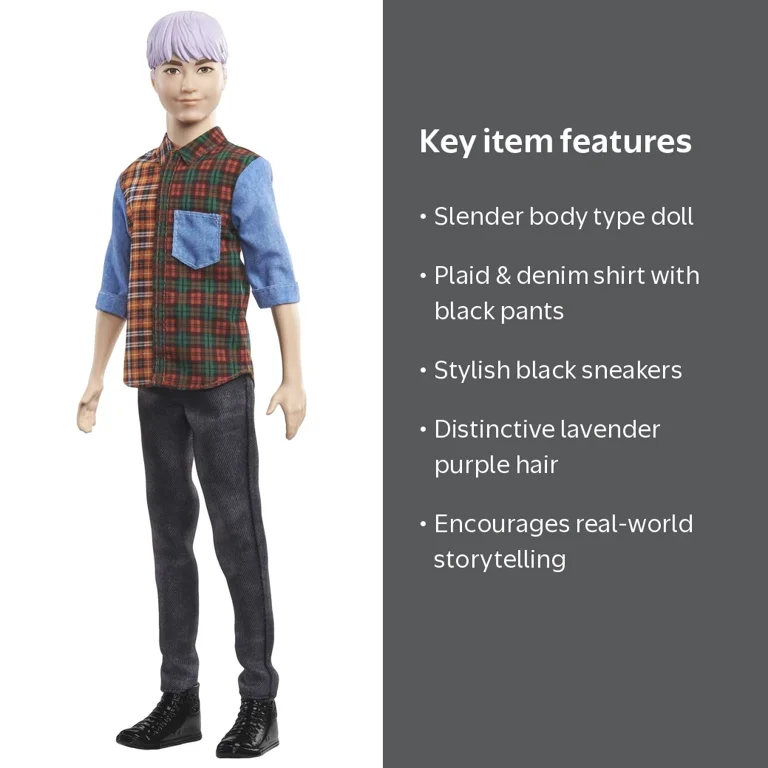 Barbie Ken Fashionistas Doll #154, Trendy Purple Hair & Plaid
