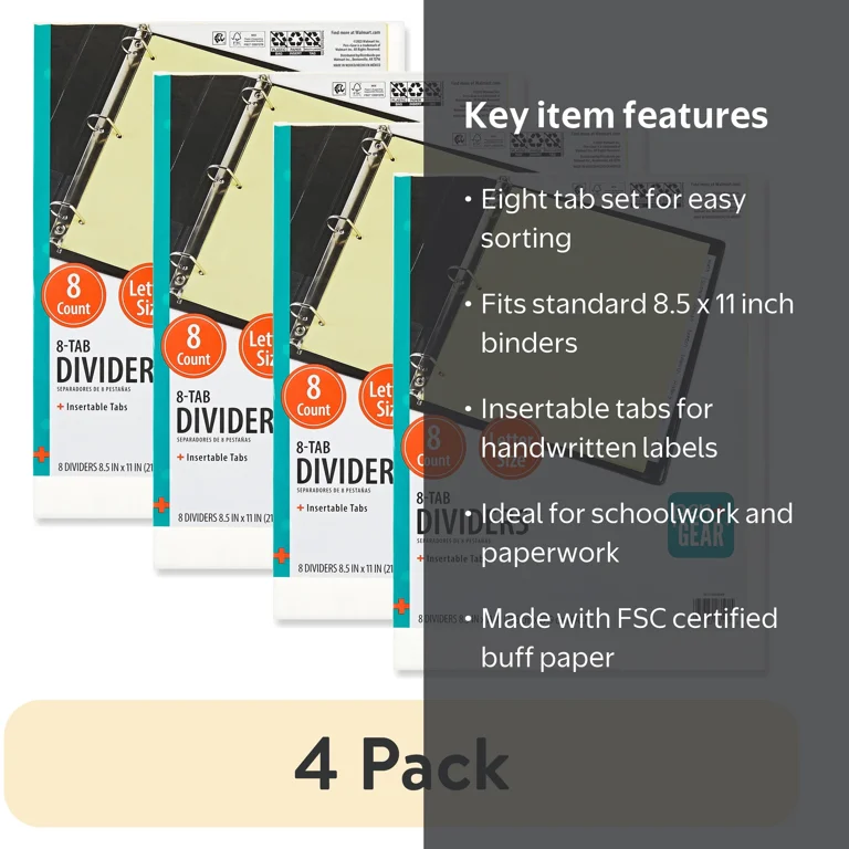 4 pack) Pen+Gear 8-Tab Insertable Index Dividers, Buff Paper