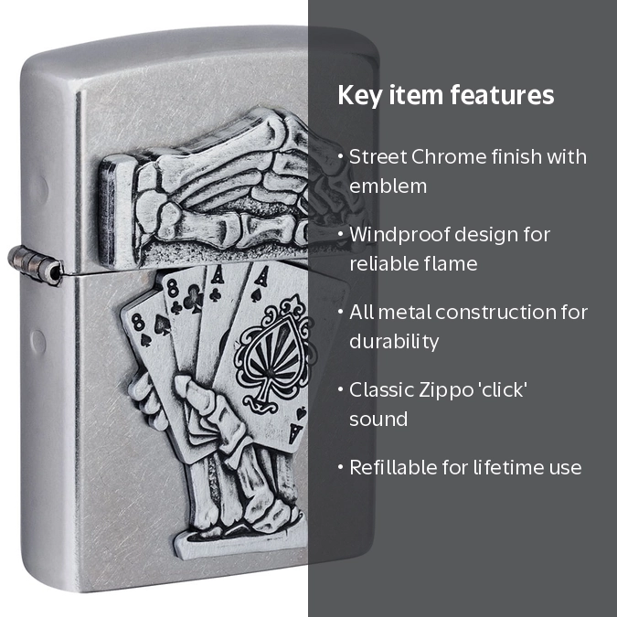 Zippo Dead Mans Hand Emblem Design Street Chrome Pocket Lighter