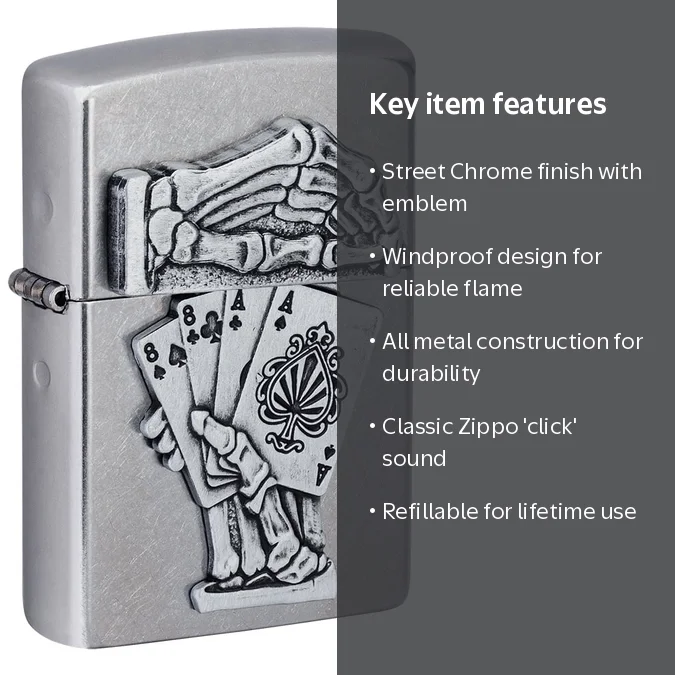 Zippo Dead Mans Hand Emblem Design Street Chrome Pocket Lighter