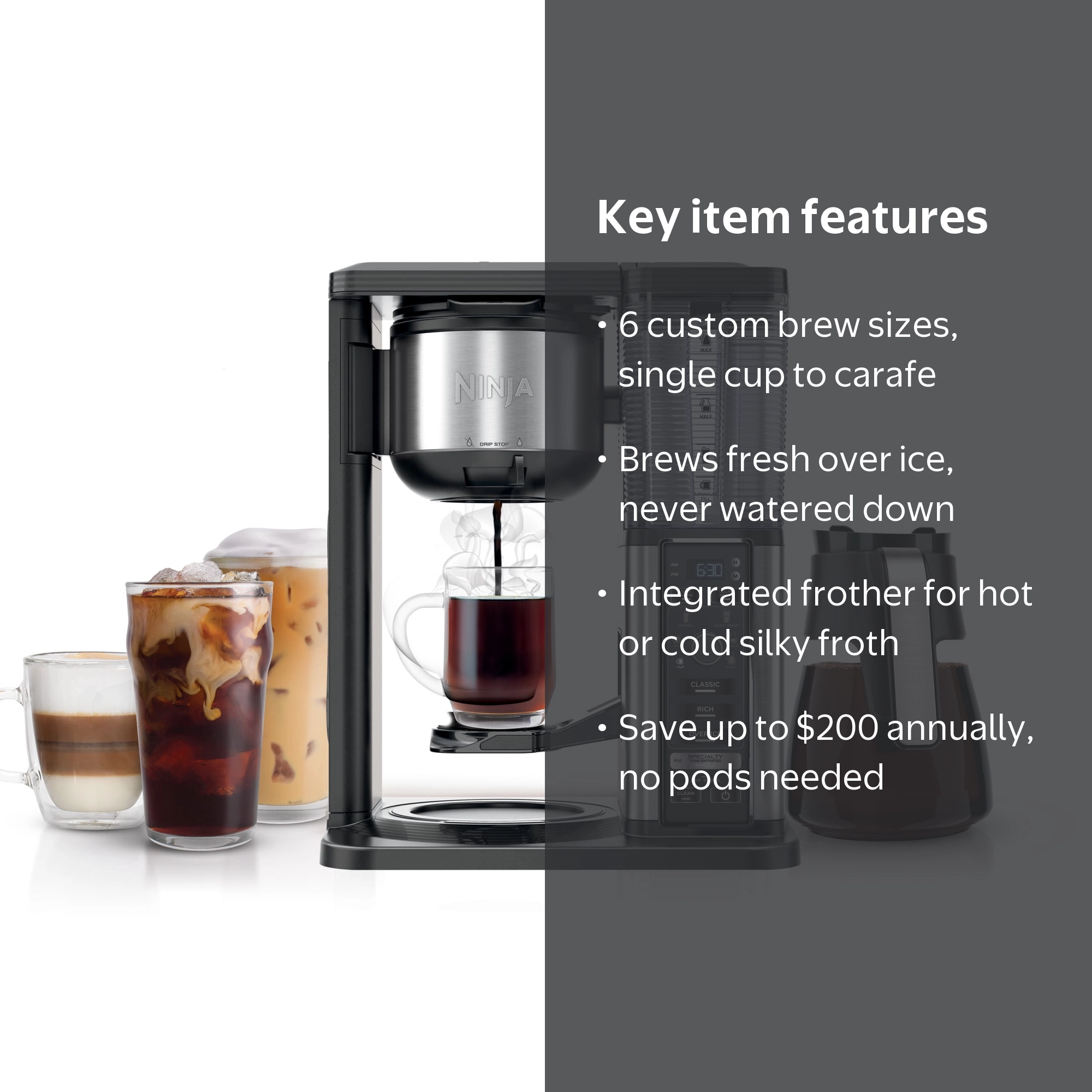 Ninja Specialty Coffee Maker, 50 Oz. Glass Carafe, 10 Cups, Milk