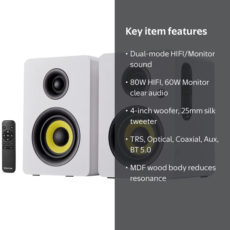 Sanyun SW206 80W Dual-Mode Bookshelf Speakers, 4in HiFi Monitor