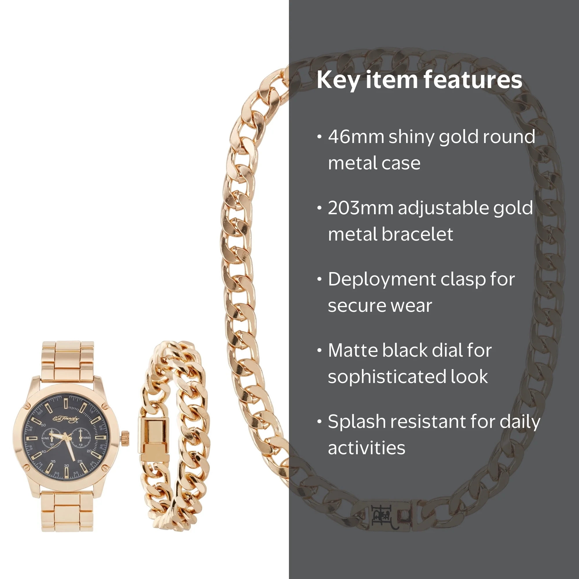 Ed Hardy Men's Shiny Gold Metal Strap Watch 46mm w/ Necklace