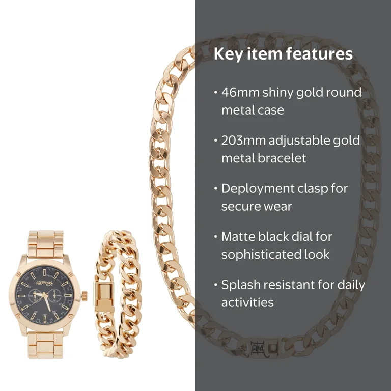 Ed Hardy 腕時計　ゴールド　希少 Ed Hardy Men's Shiny Gold Metal Strap Watch 46mm w/ Necklace