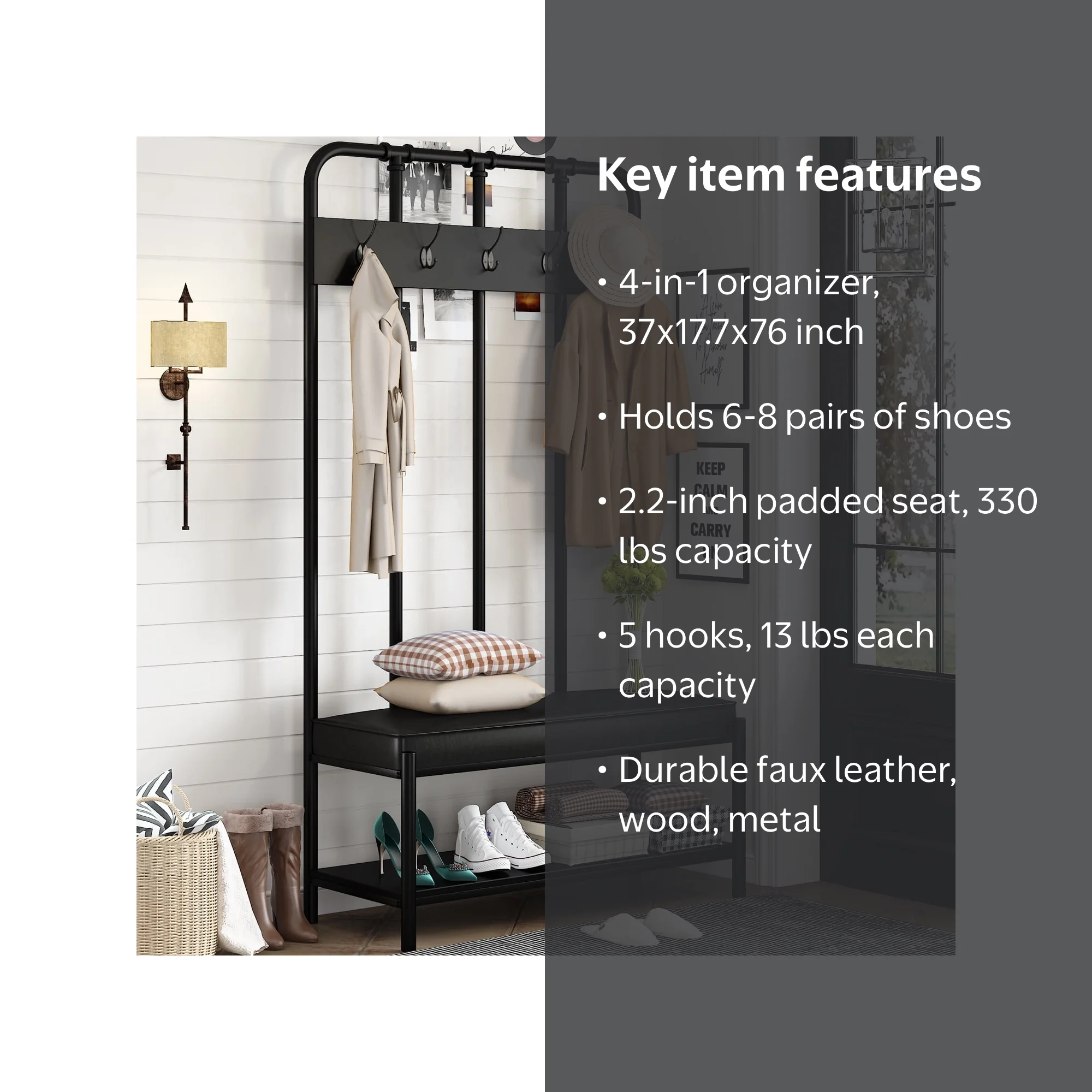 Amolife 4 in 1 Hall Tree Coat Rack Bench Storage, Black, Hooks
