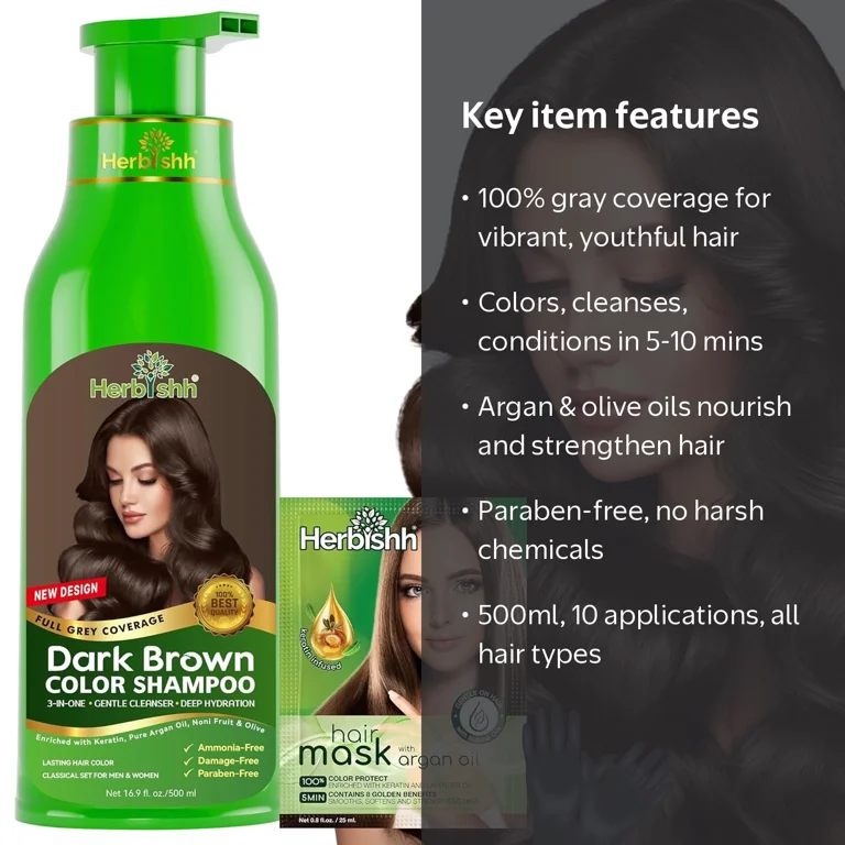 Herbishh, Dark Brown Color Shampoo, 16.9 Fl Oz, Gray Hair Coverage