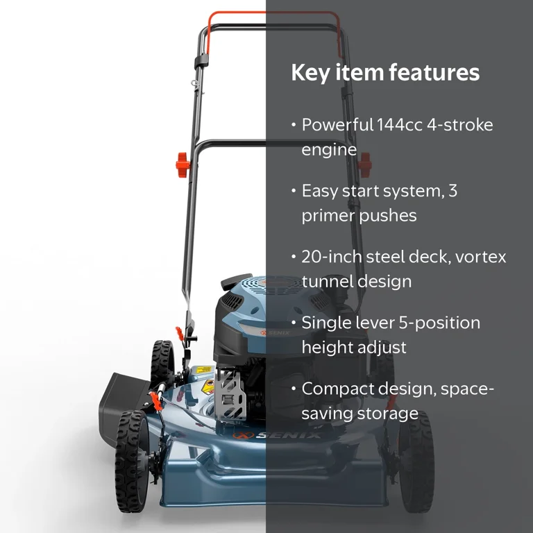 Senix, Gas Lawn Mower, 20-Inch, Blue, 144cc 4-Stroke Engine