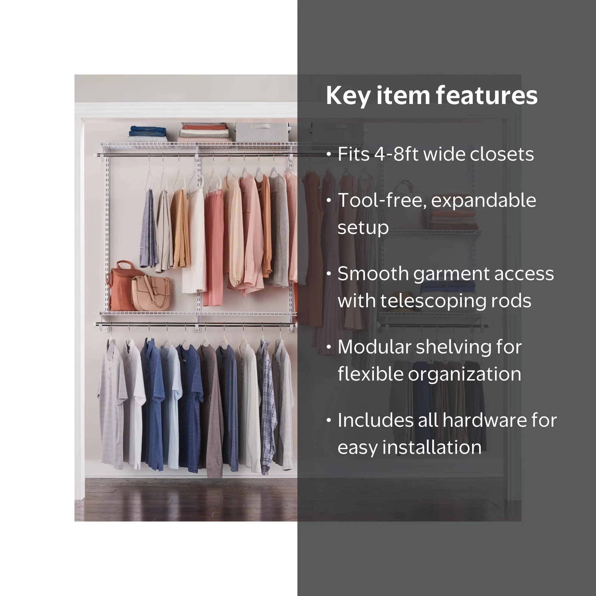 Rubbermaid, Closet System, 4-8 ft kit, White, Adjustable Shelving