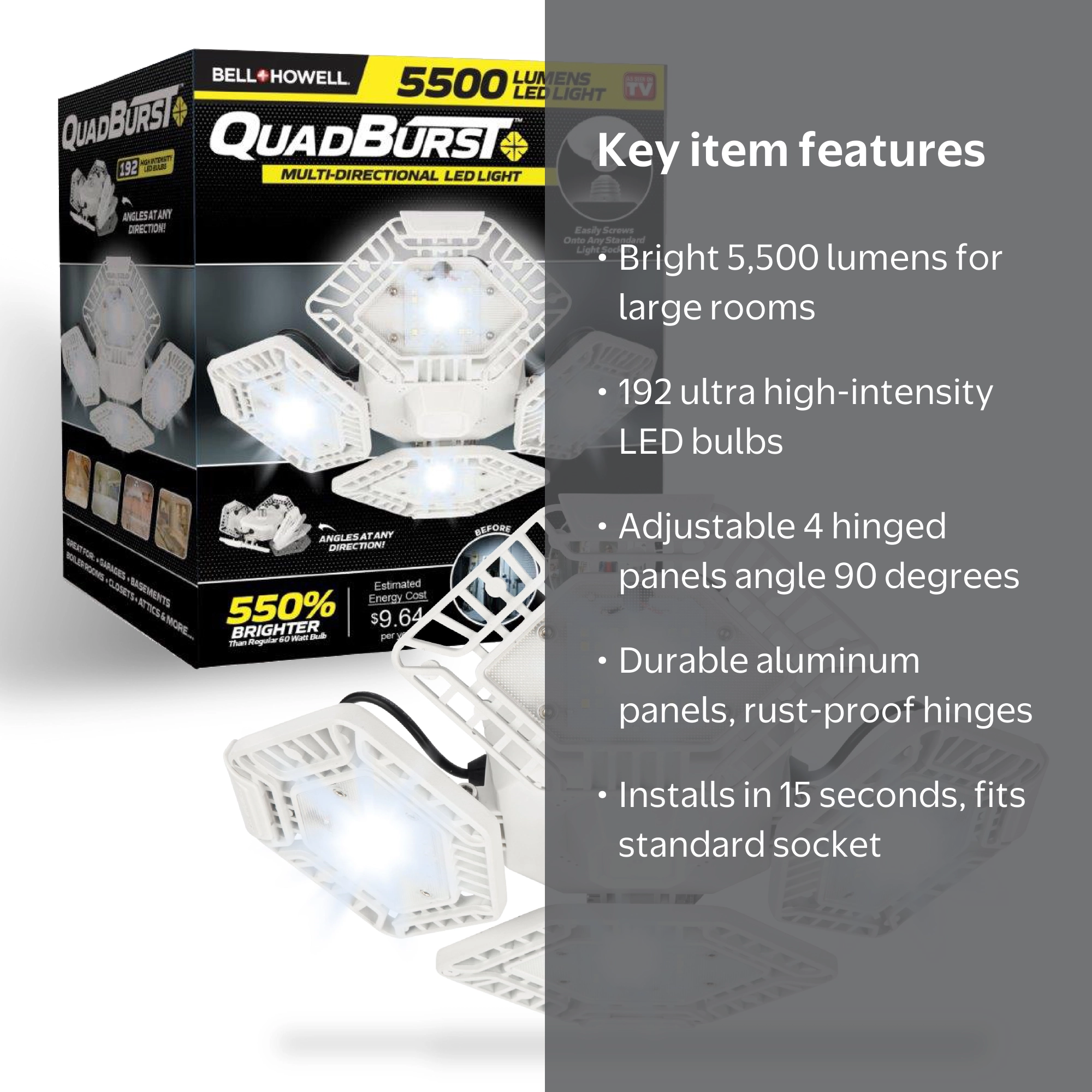 Bell + Howell, Garage Light, Quadburst, 4 Panel LED 5500 Lumens