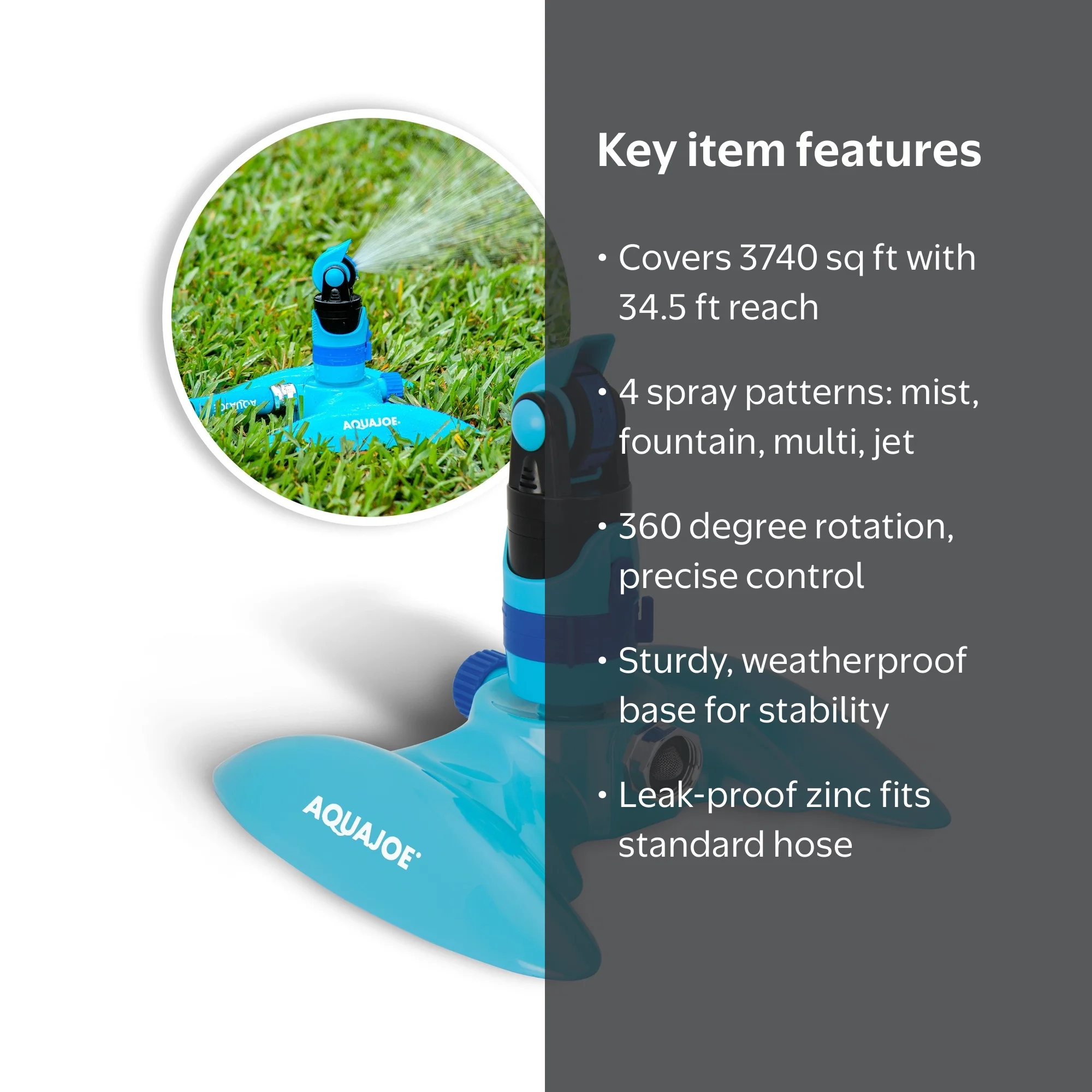 Aqua Joe 4-Pattern Turbo Drive Sprinkler, Max Coverage 3740 sq ft