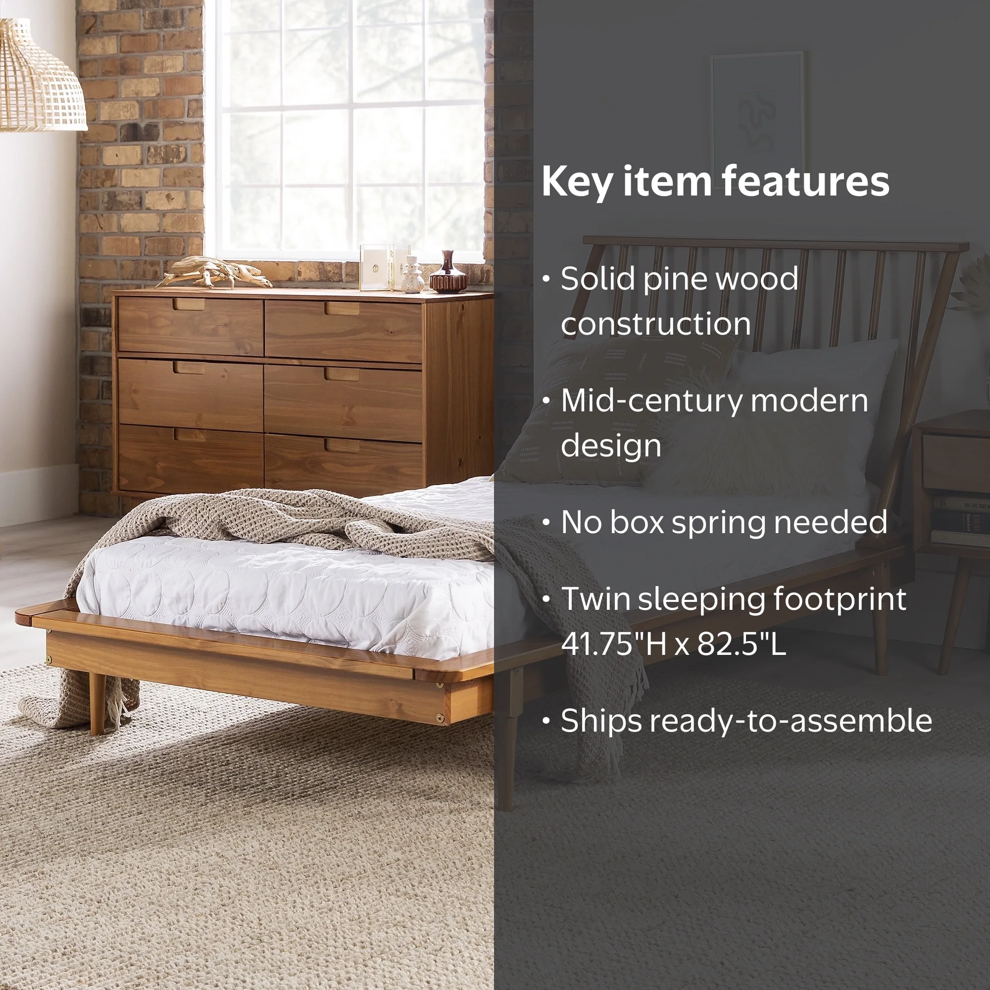 Walker Edison, Spindle Headboard Twin Platform Bedframe, Caramel