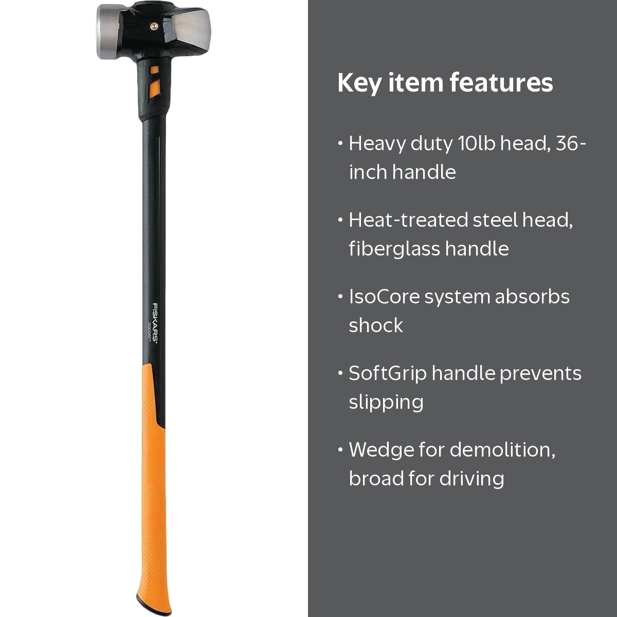 Fiskars IsoCore 10 lbs. Sledge Hammer, 36 Inch, Black and Orange