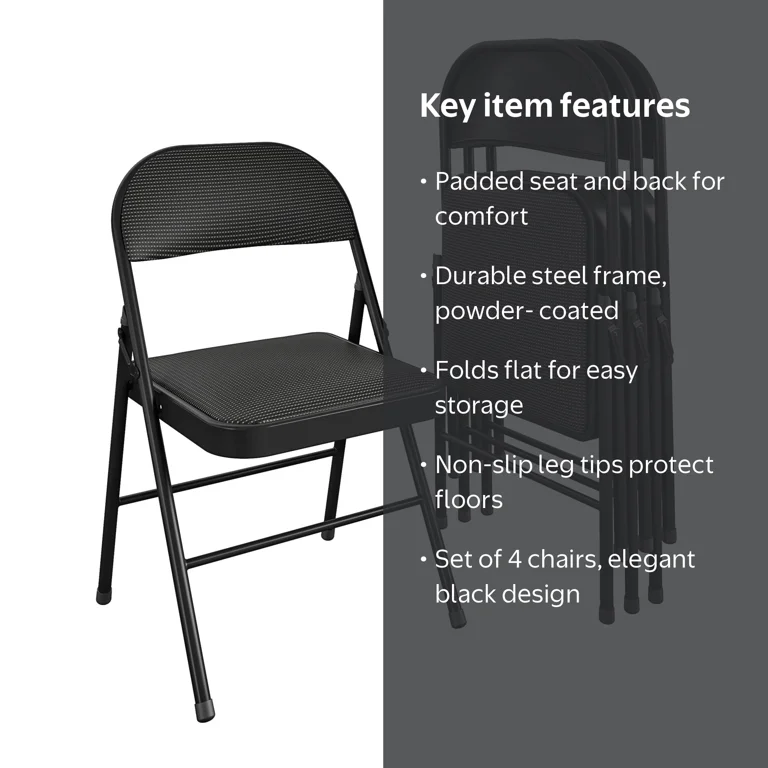 Mainstays Deluxe Fabric Padded Metal Folding Chair, Black (Set of