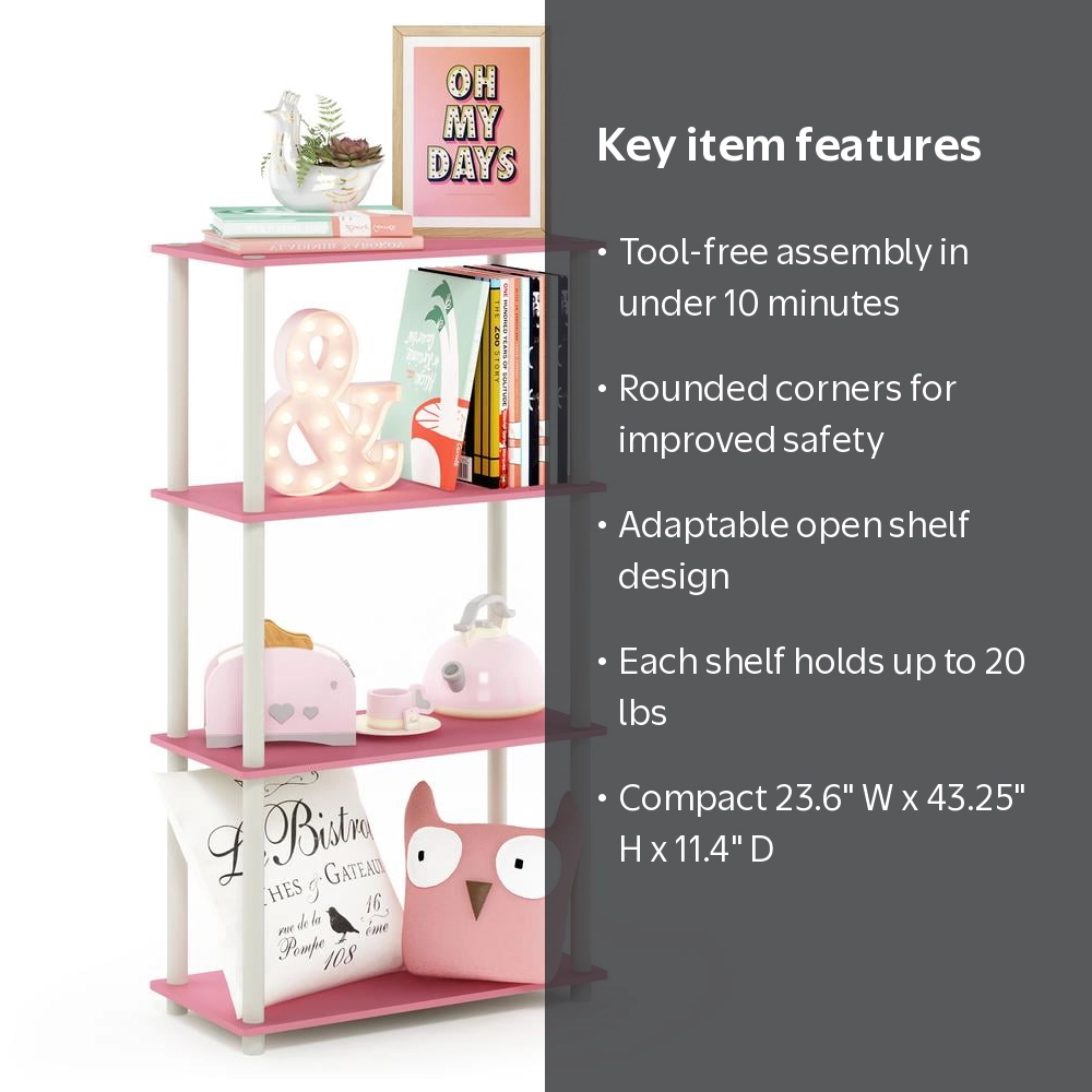 Furinno, 4-Shelf Freestanding Shelves, 99557PI/WH, Pink and White