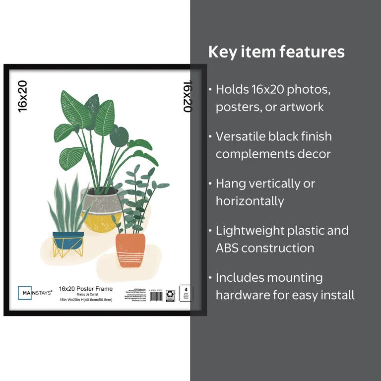 Mainstays, 16 x 20 Black Wall Picture Frame, ABS, Slim Design