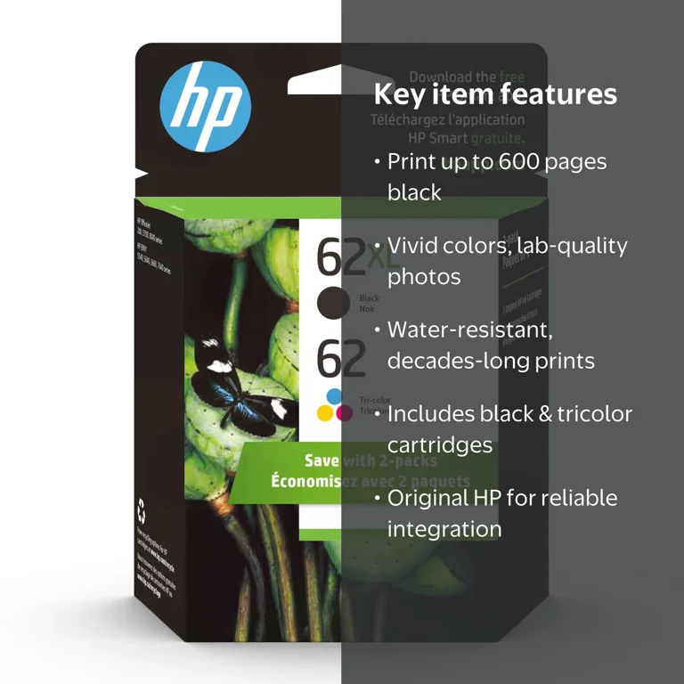 HP 62XL Black/Tri-Color Ink Cartridges Combo Pack, N9H67FN