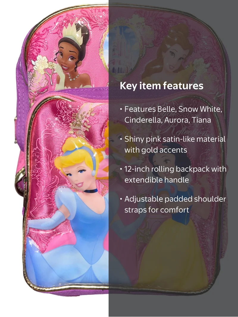 disney bike with mini belle backpack Beauty and the Beast for Women - 13 Princess Backpack Front Pocket Plus Button and Lumiere inspired artwork Coordinating interior lining Signature enameled Loungefly badge Dimensions Disney Princess 12"" Rolling Backpack