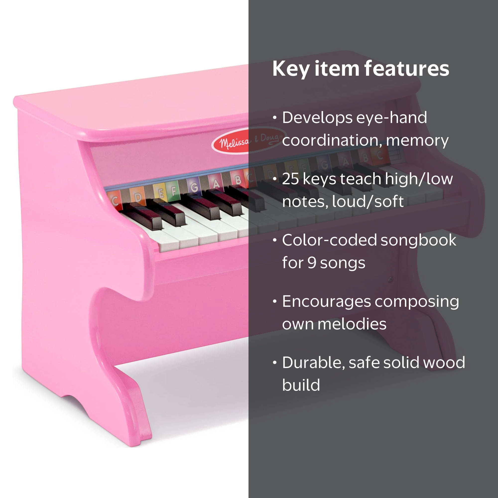Melissa & Doug Learn-to-Play Pink Piano, 25 Keys, Color-Coded