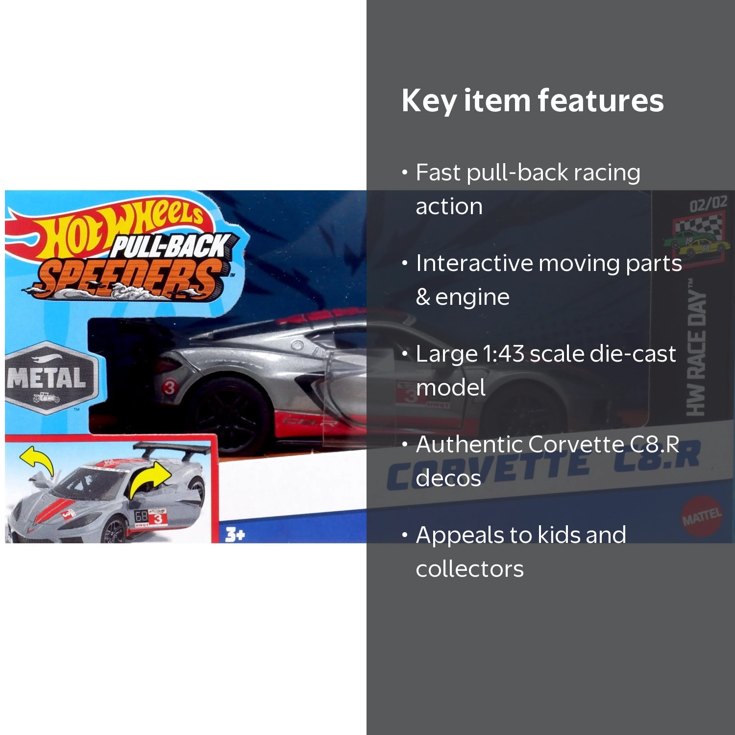 Hot Wheels Muscle Mania Corvette C8.R Diecast Pull-Back Car