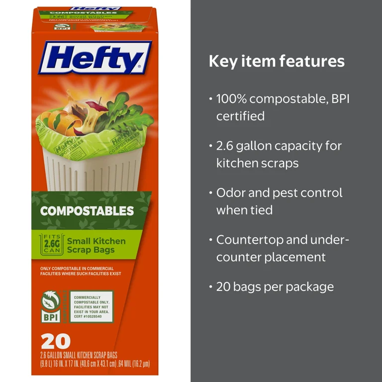 Hefty Compostable Kitchen Scrap Bags, 2.6 Gallon, BPI Certified