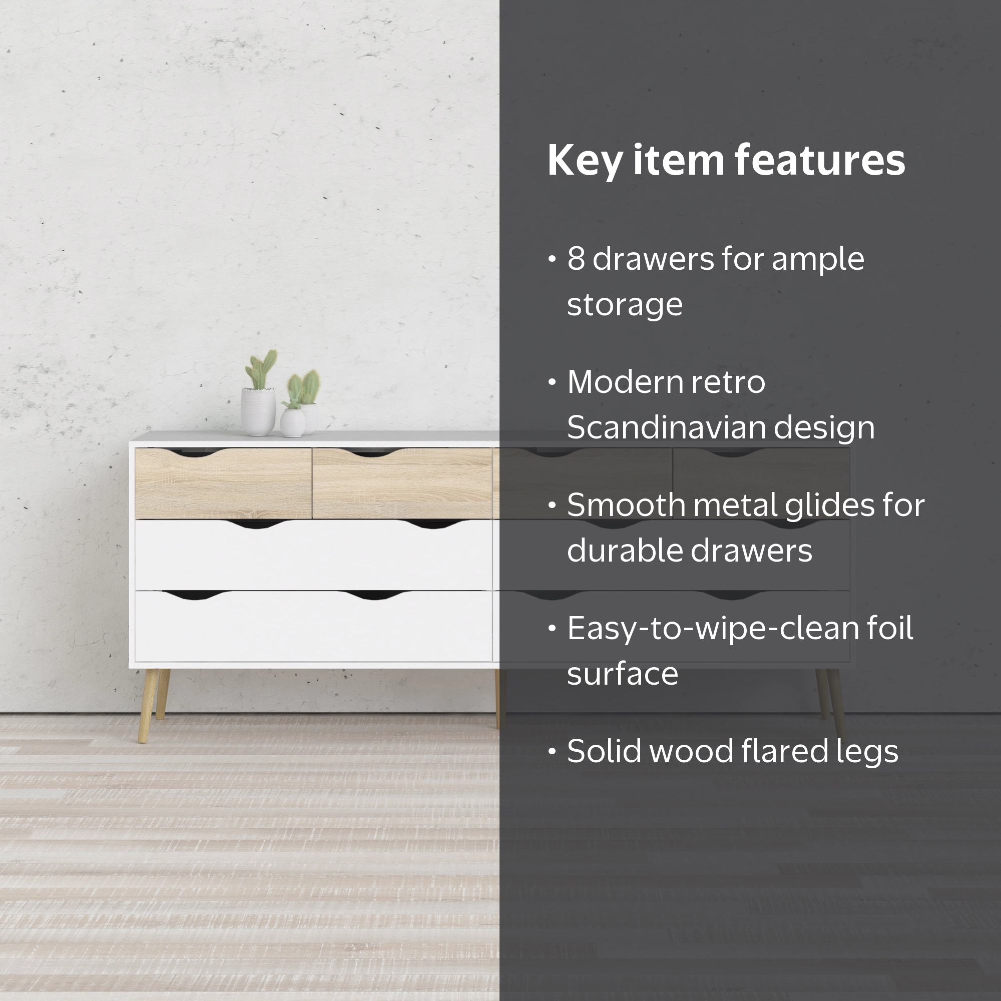 Diana Modern Bedroom 8 Drawer Dresser, Solid Wood, White/Oak