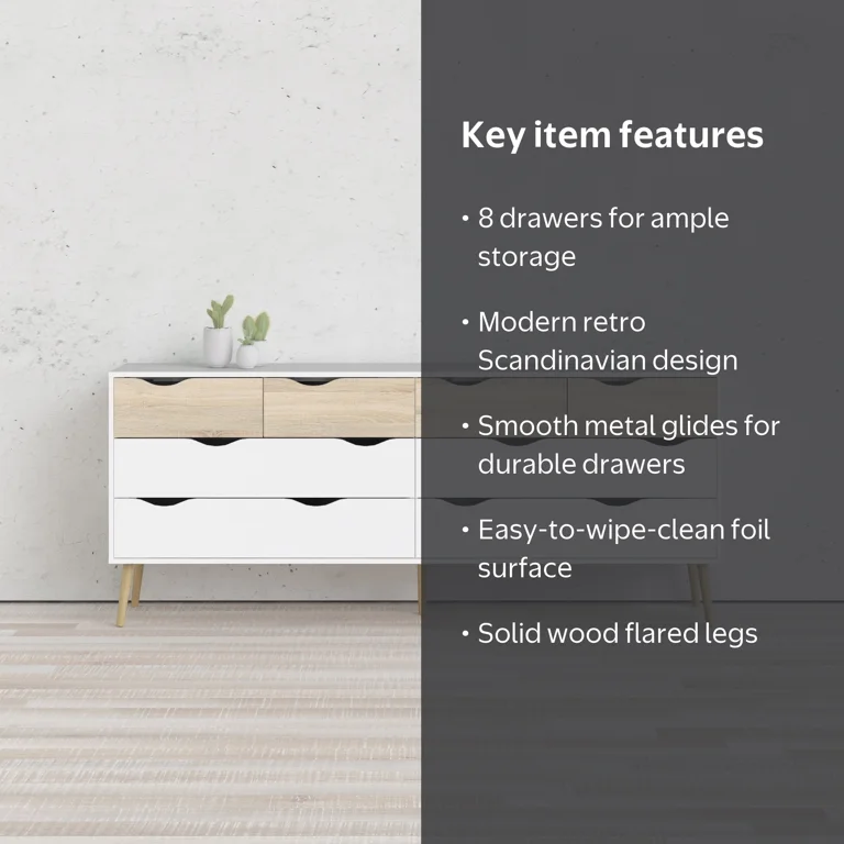 Diana Modern Bedroom 8 Drawer Dresser, Solid Wood, White/Oak