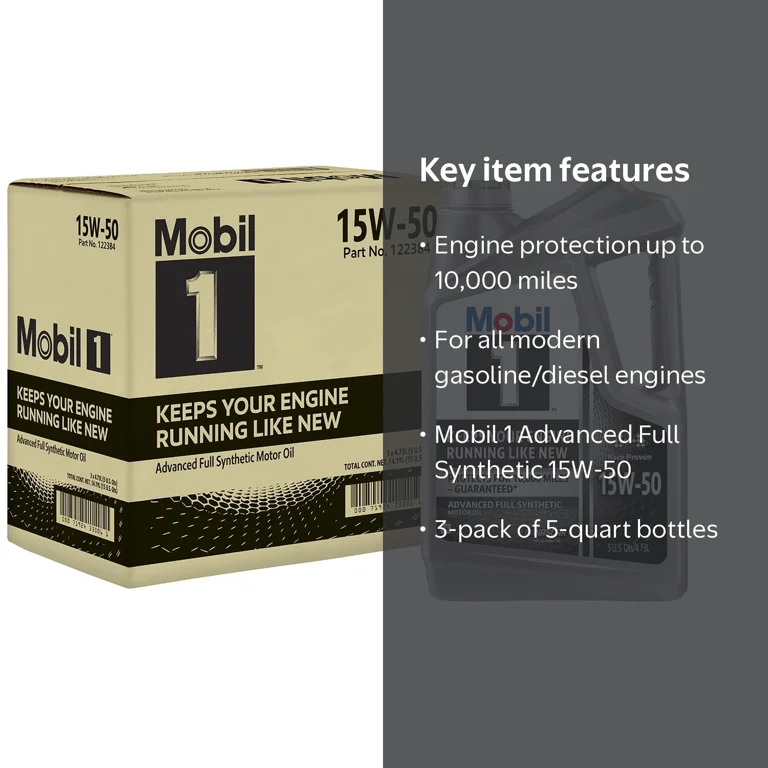 Mobil 1 Advanced Full Synthetic 15W-50 Motor Oil, 5 qt (3 Pack