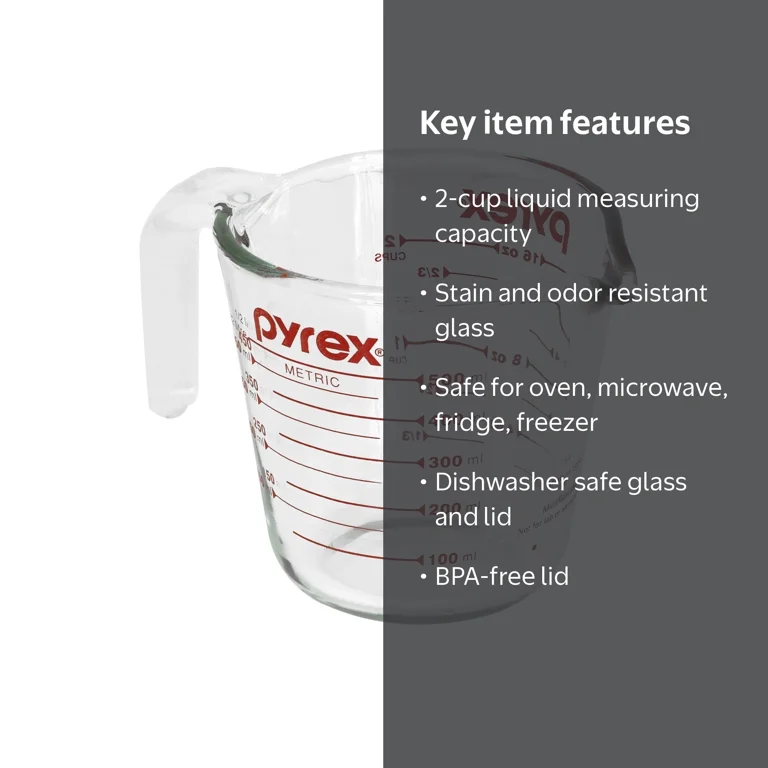 Pyrex 2-Cup Measuring Cup, Clear Glass, Red Graphics, Durable
