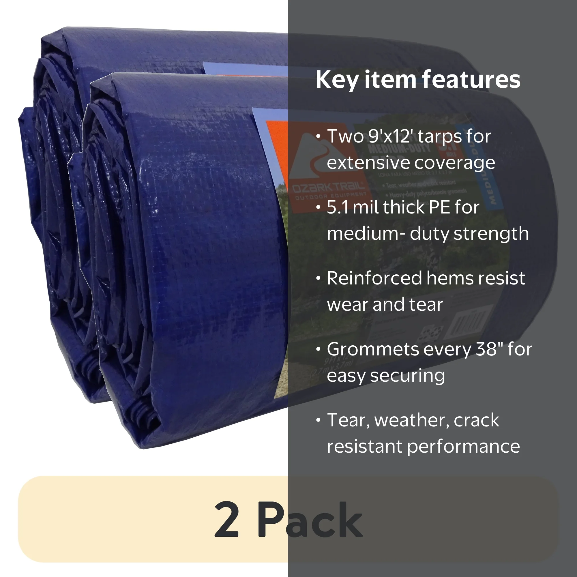 2 pack) Ozark Trail Medium-Duty Tarp, 9' x 12', Material PE