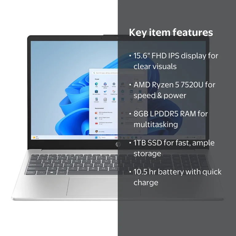HP 15.6 inch FHD IPS Touch Windows Laptop AMD Ryzen 5 7520U 8GB