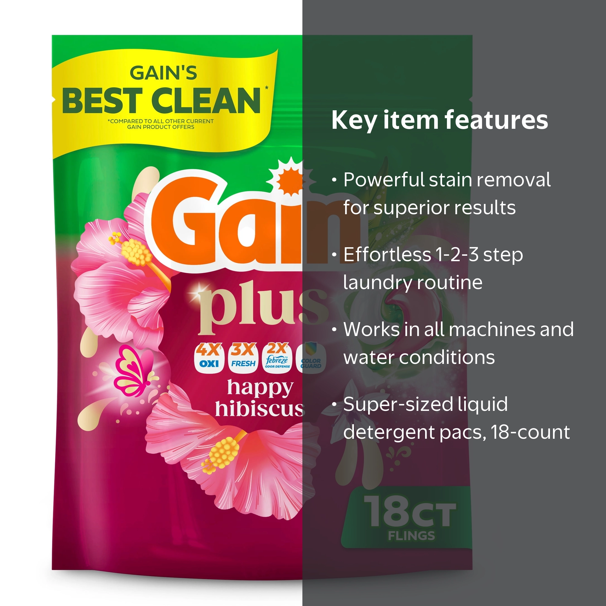 Gain, Laundry Detergent, 18 Count, All-In-One Flings, Happy