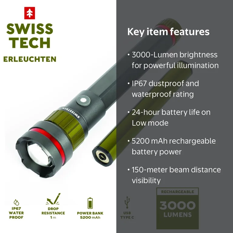 3000 lumen rechargeable flashlight GOODSMANN Spotlight IP67 Waterproof See clearly at any distance with adjustable focus 3000 Lumen Rechargeable LED Flashlight