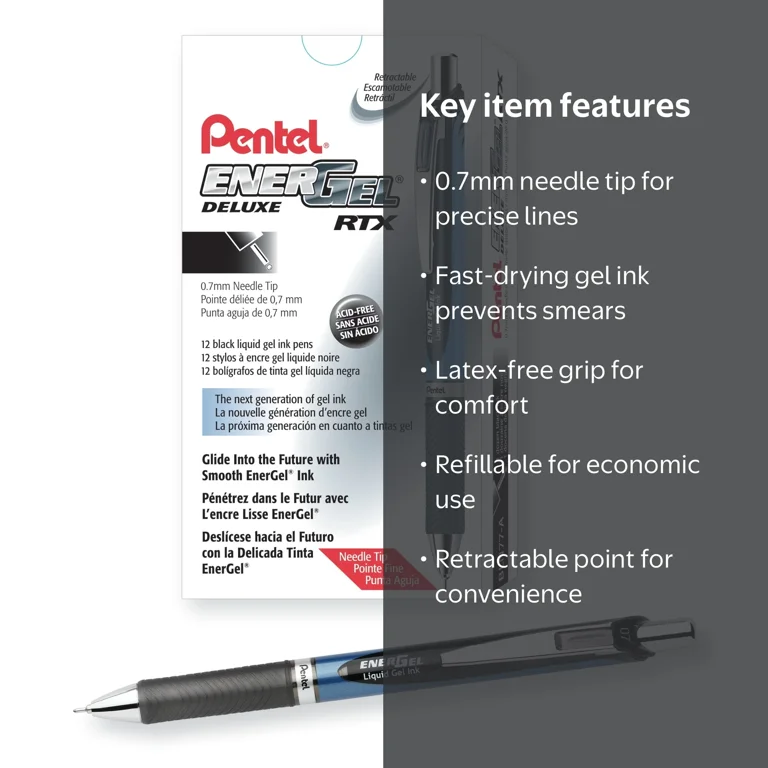 Pentel, Gel Ink Pen, 0.7mm Needle Tip, Medium Point, Black Ink