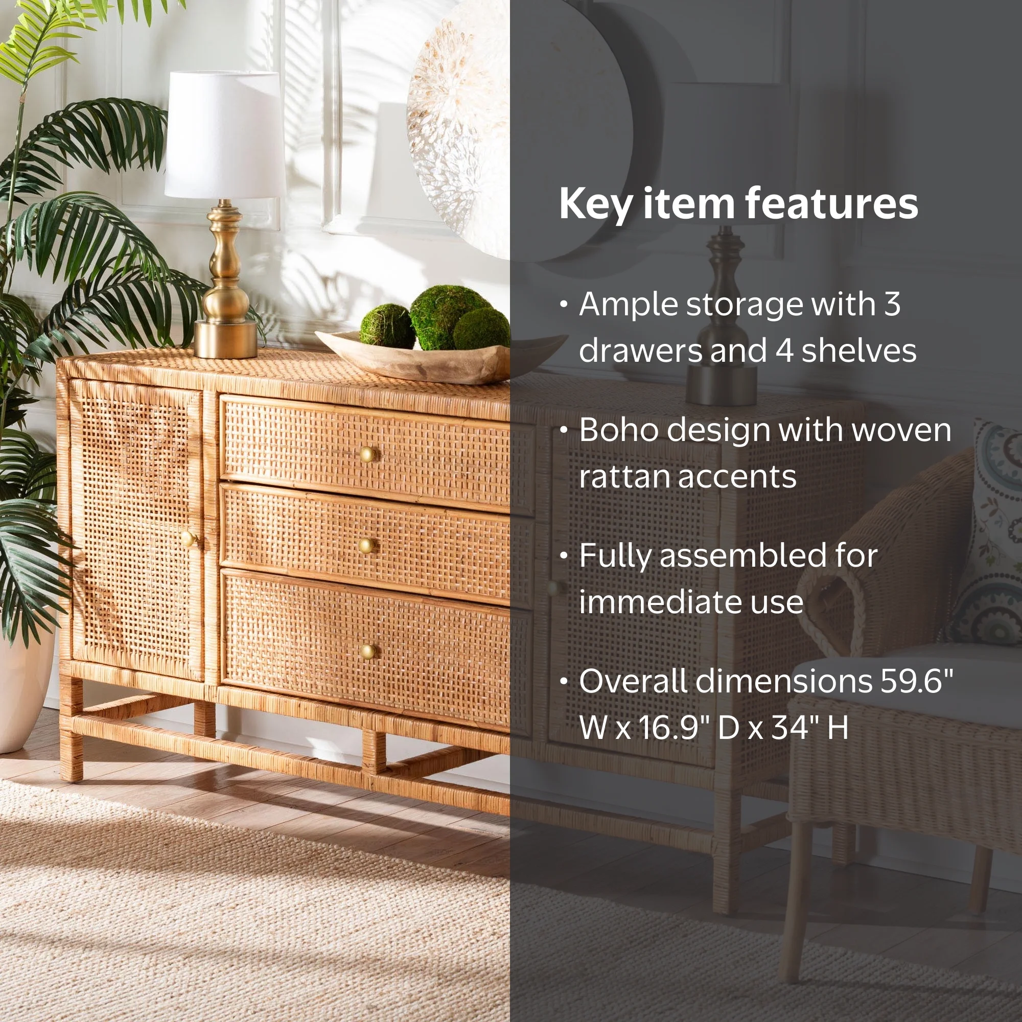 bali & pari Vivan Boho Storage Cabinet, 3-Drawer, 4-Shelf, Honey