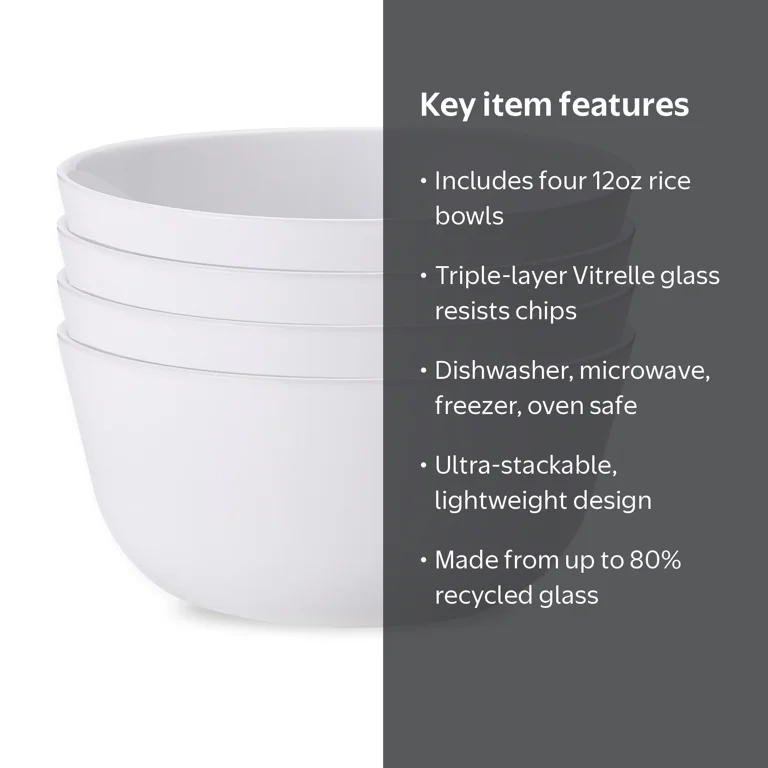 Corelle Winter Frost White Glass Rice Bowl Set, 12 oz, 4 Piece Corelle Winter Frost White Glass Rice Bowl Set, 12 oz, 4 Piece
