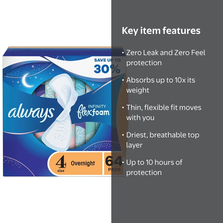Always Infinity FlexFoam Overnight Pads with Wings Unscented Size
