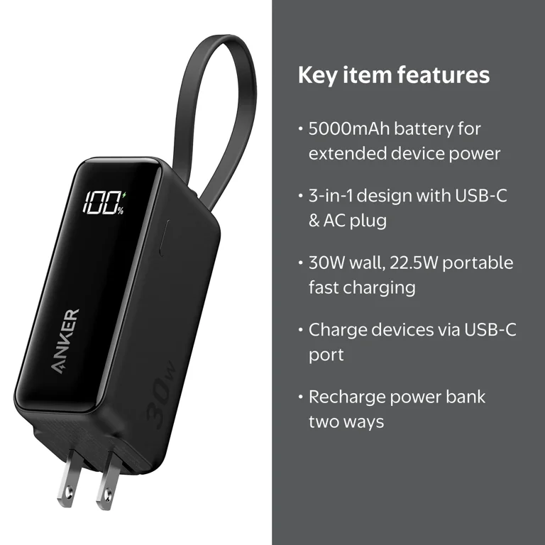 Anker Power Bank, 30W, 5,000mAh, fusion, built-in usb-c cable