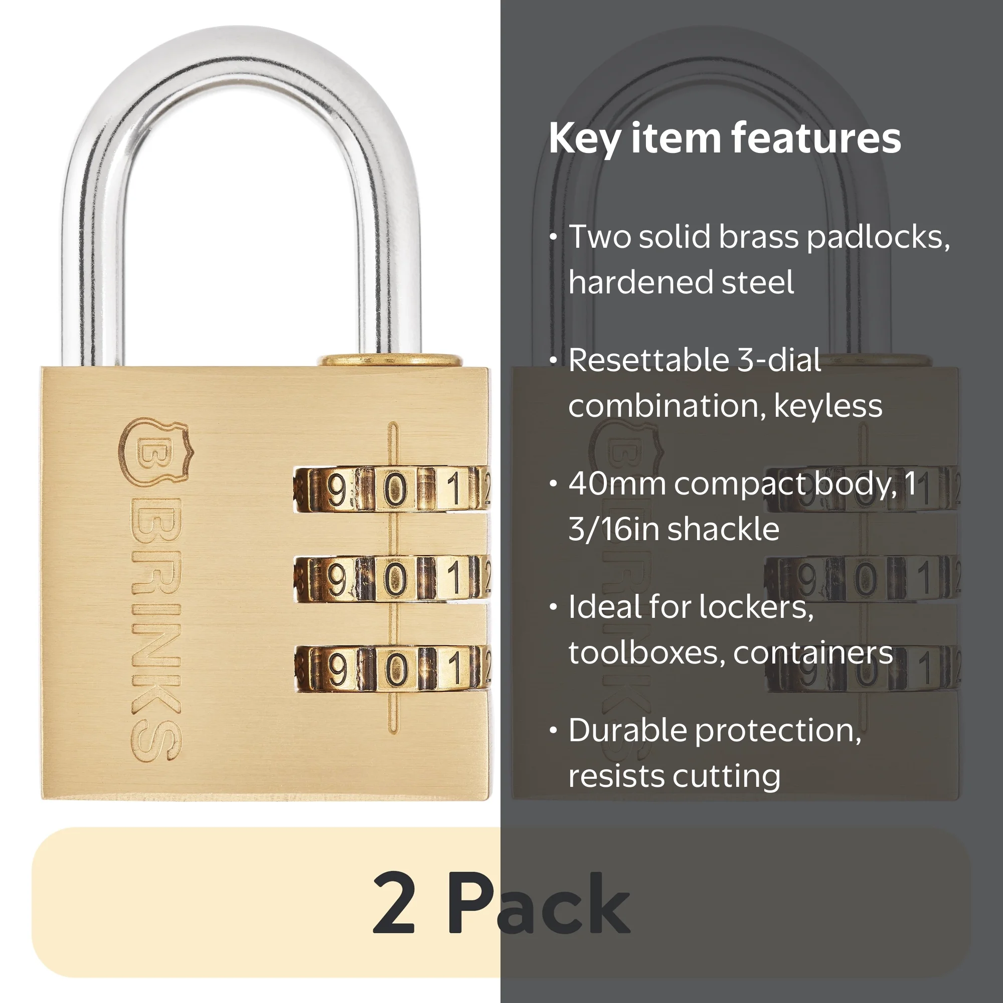 2 pack) Brinks Solid Brass 40mm Resettable Combination Padlock