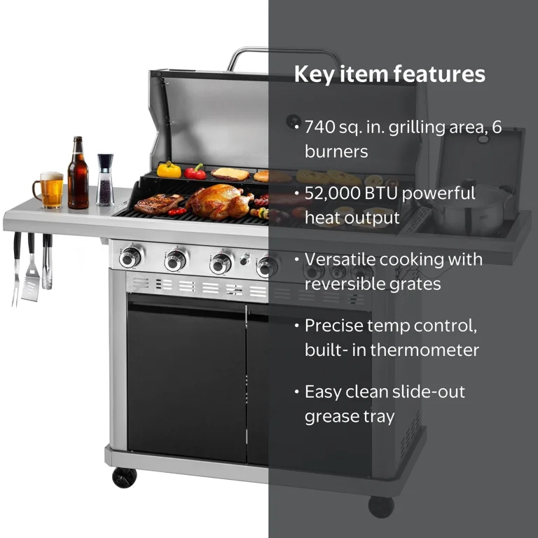 Alpha Joy 6-Burner Propane Gas Grill with Side Burner BBQ Grill
