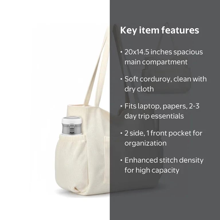 Gocvo Multiple Pockets Corduroy Bag, Large Tote Bag for Women