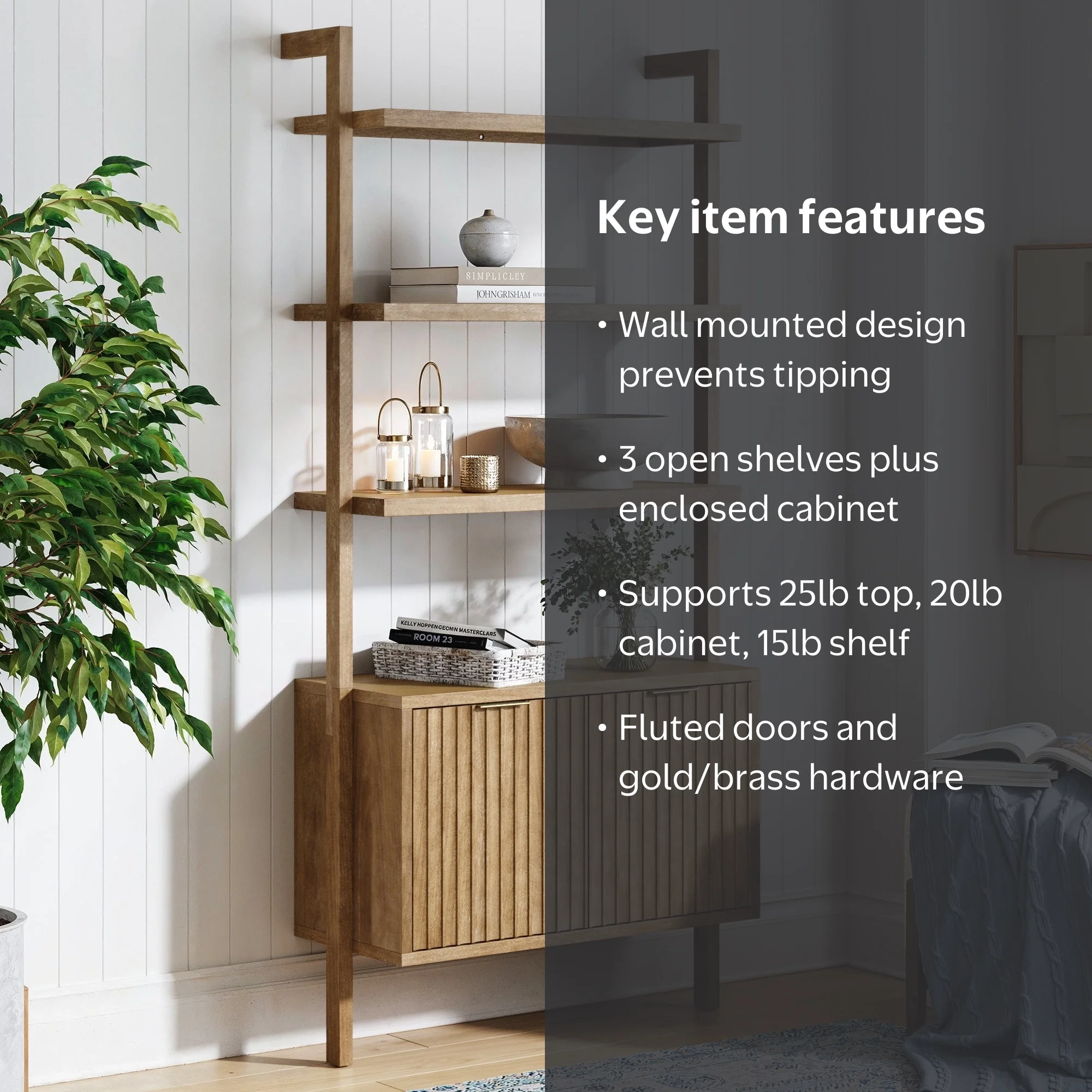 Nathan James Jasper 3-Shelf Solid Wood Boho Bookshelf, Wall