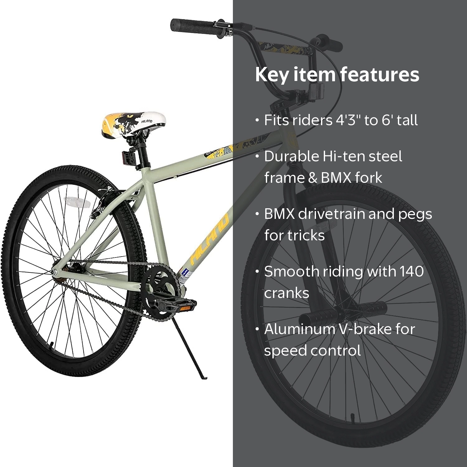 HILAND, BMX BIKE, 24-inch, Gray, with 2 Pegs for Beginners