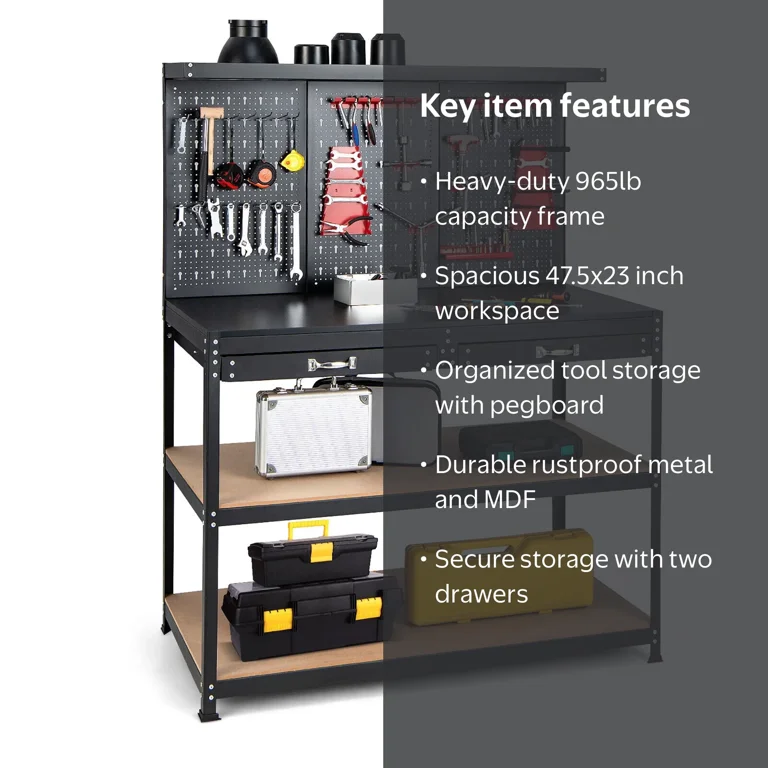 Gymax 48'' Heavy-Duty Workbench with Peg Board Hook Kit & Drawers