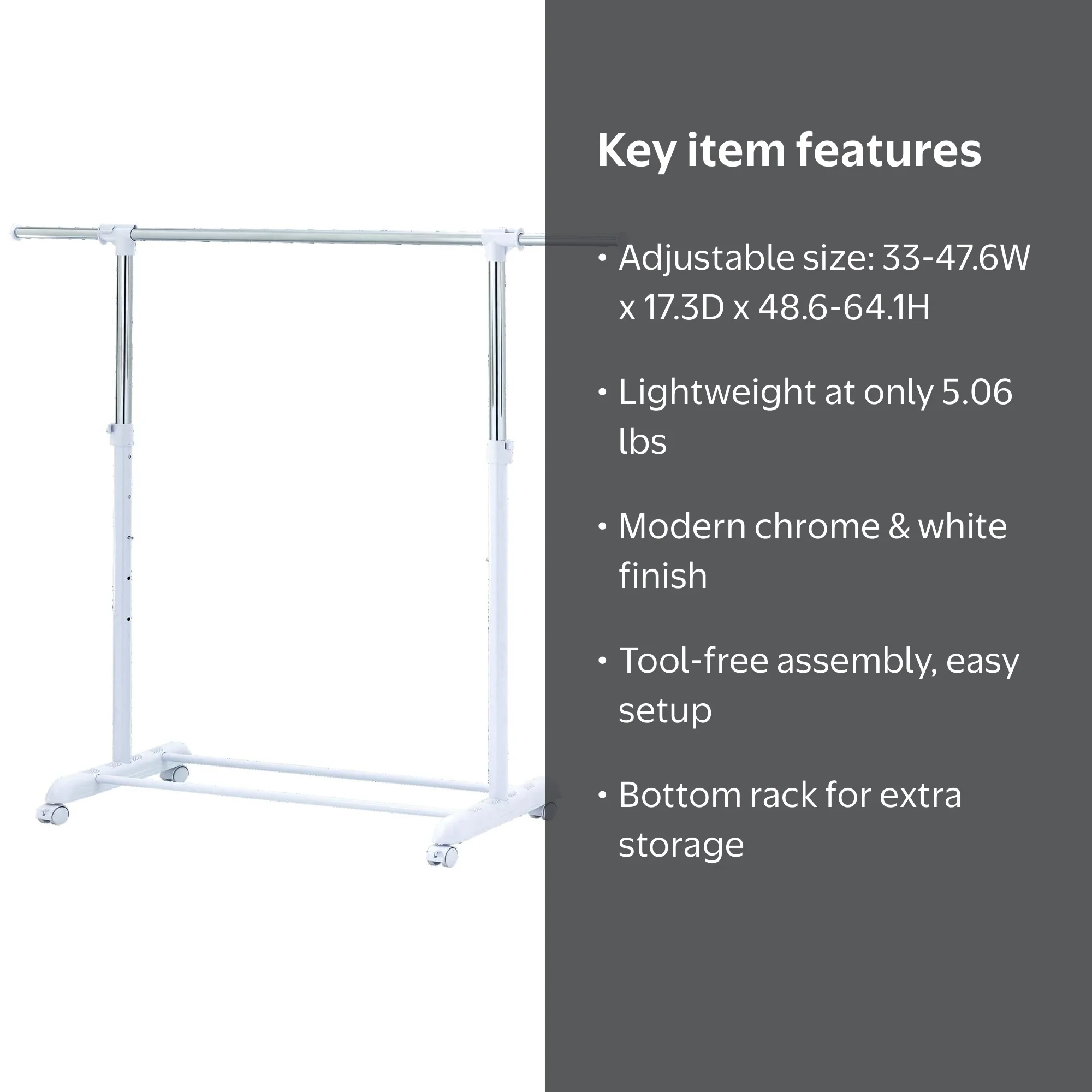 walmart dress rack Mainstays Adjustable Rolling Garment Metal Chrome White, 84-121W x 44D x 123.5-163H cm mounted industrial pipe rack provides heavy Wardrobe Rolling Clothes Rack Walmart