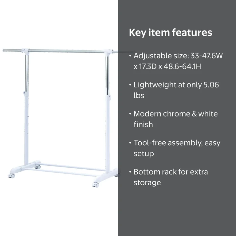 walmart dress rack Mainstays Adjustable Rolling Garment Metal Chrome, White, 84-121Wx44Dx123.5-163Hcm This wall Garment Racks Clothing Racks