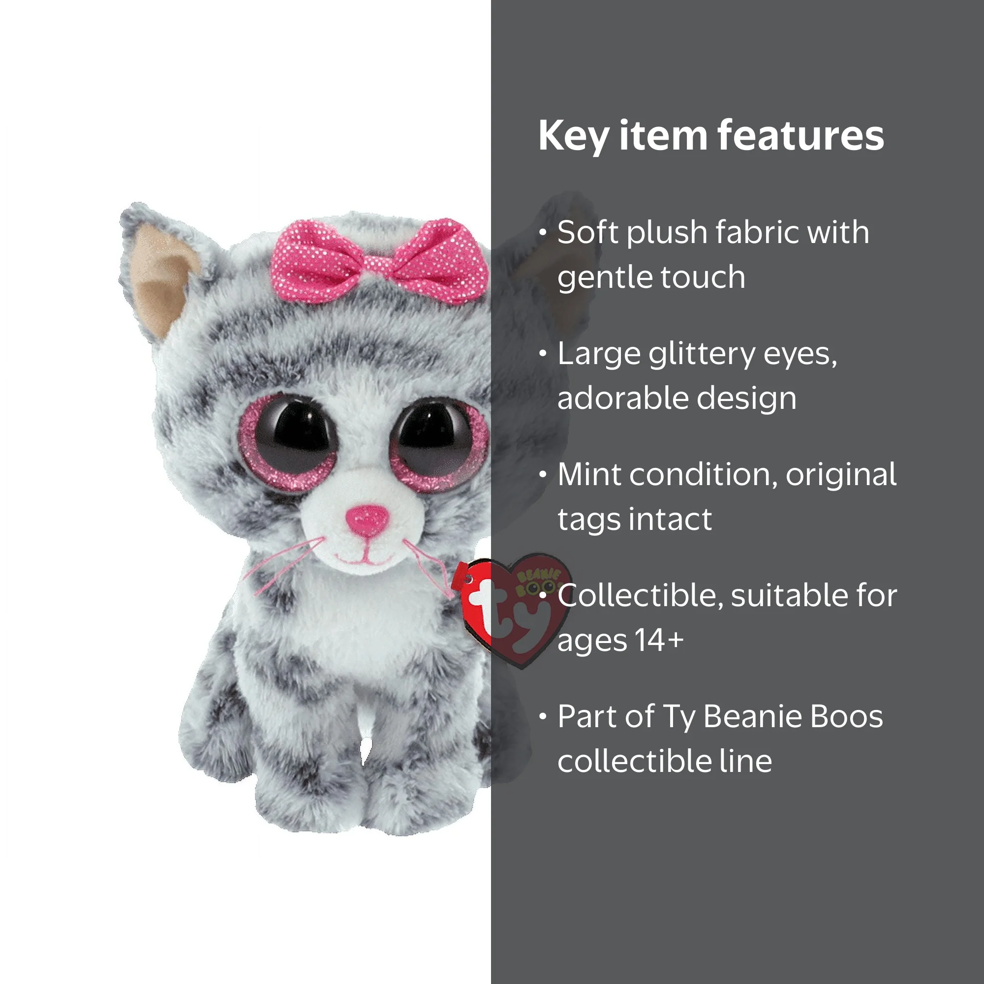 Ty Inc. Beanie Boo Plush Stuffed Animal Kiki, Grey Cat with Tabby