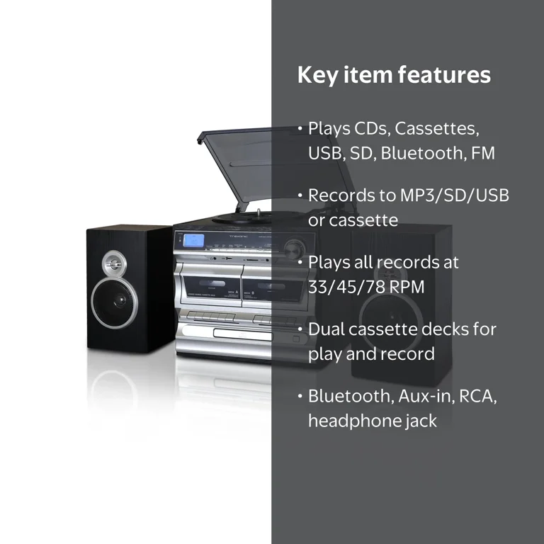 Trexonic 3-Speed Stereo Turntable with CD, Double Cassette Player