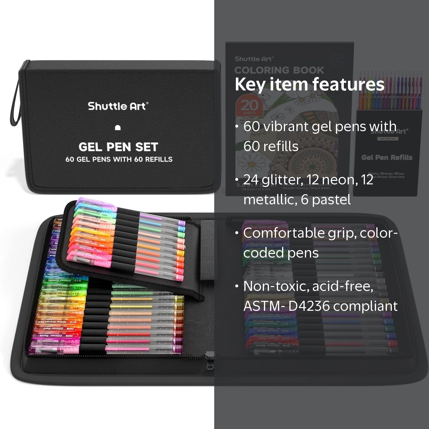 Shuttle Art 120 Pack Gel Pen Set with 60 Refills, Vibrant Colors