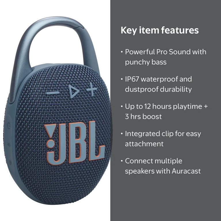 JBL, Clip 5, Blue, Ultra-portable waterproof Bluetooth speaker