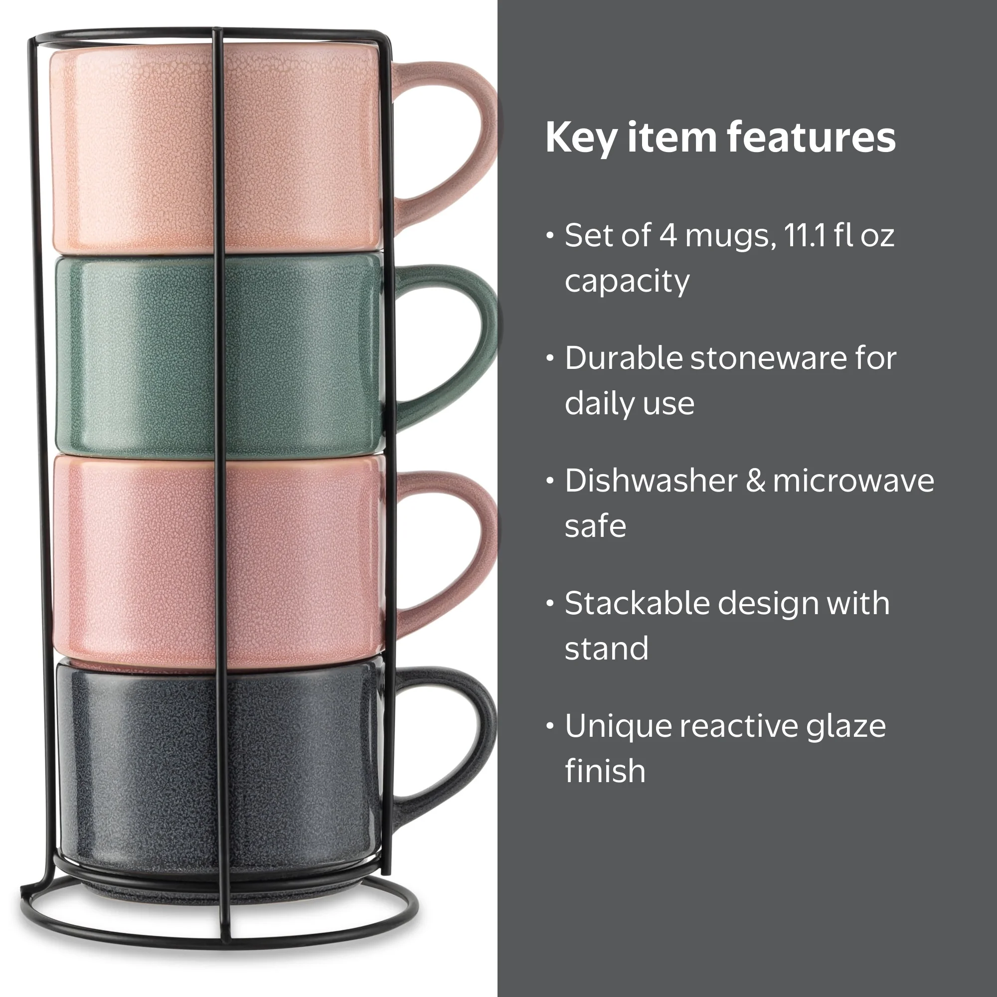 Thyme & Table Stacking Mugs 4 Pack Reactive Glaze Stoneware 11.1